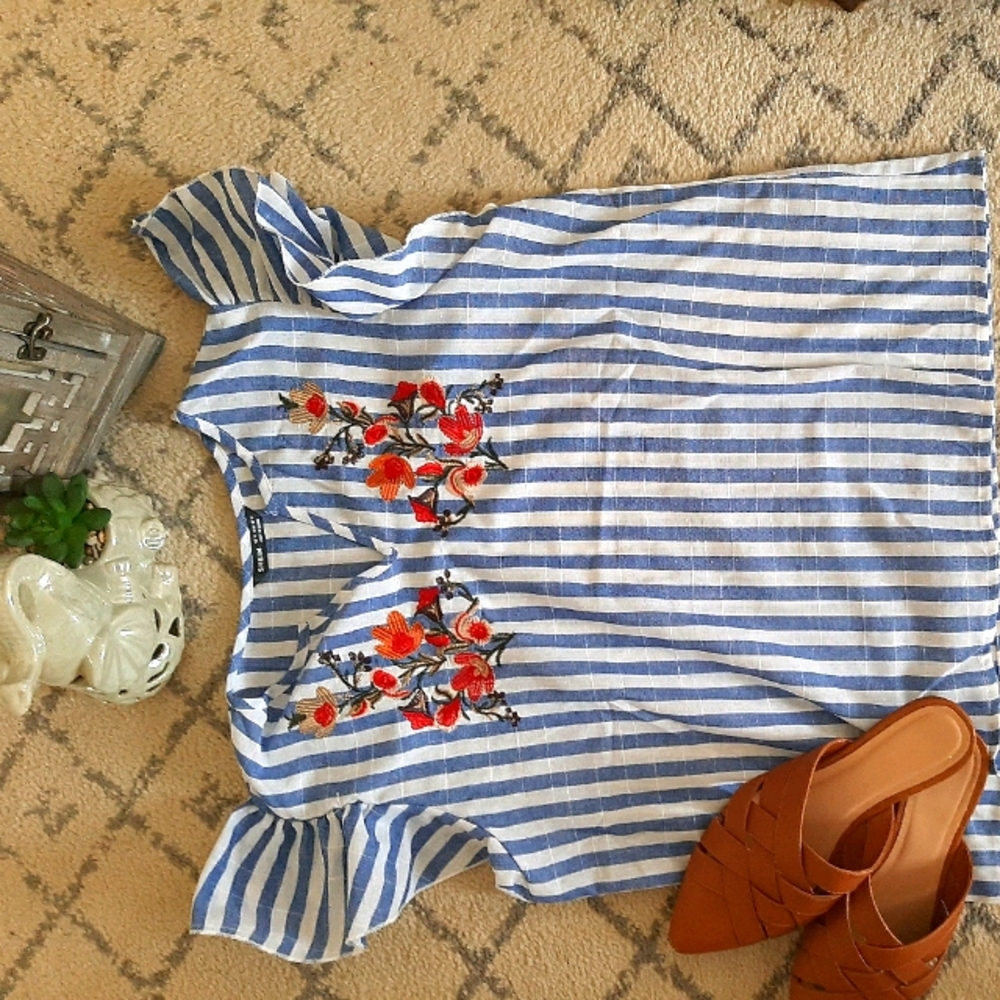 Striped Linen Shift Ruffle Sleeve Top